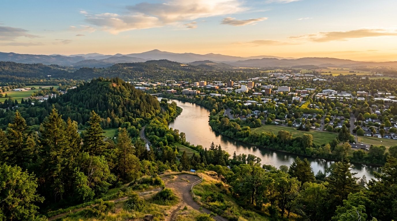 Eugene, OR — Eugene-Springfield valley at showing the Willamette River winding past a tree-covered butte, a low-rise city