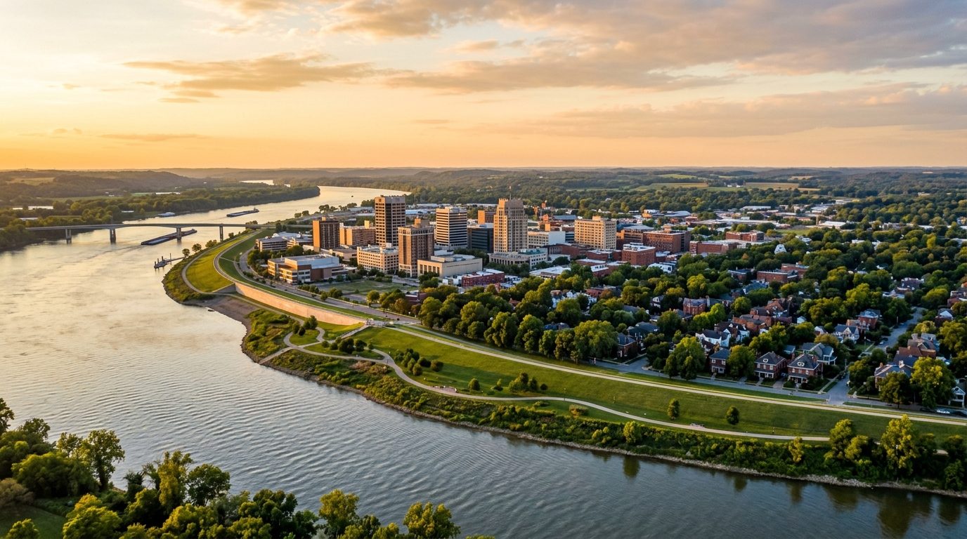 Evansville, IN — Evansville, Indiana along a broad bend of the Ohio River at showing a modest downtown skyline, a riverside