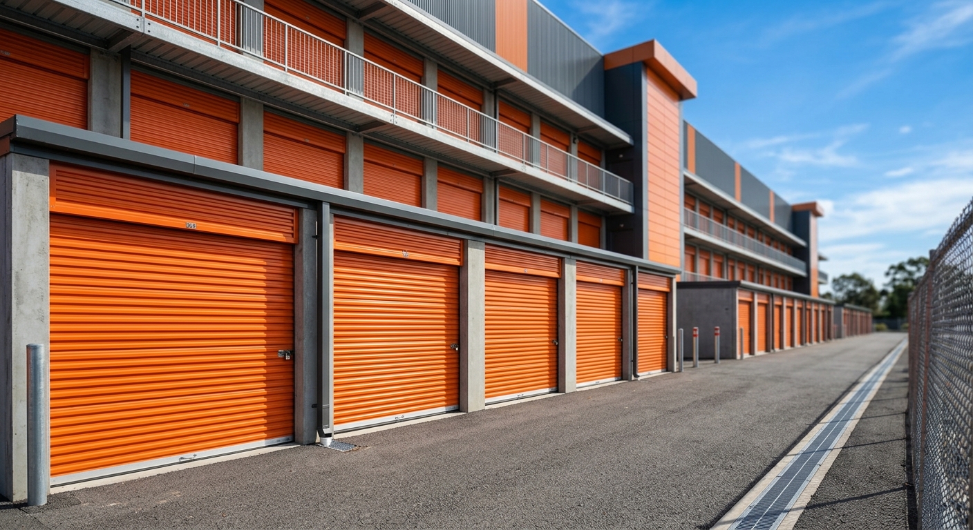 Exterior of a modern multi-story self-storage facility with rows of roll-up unit doors.