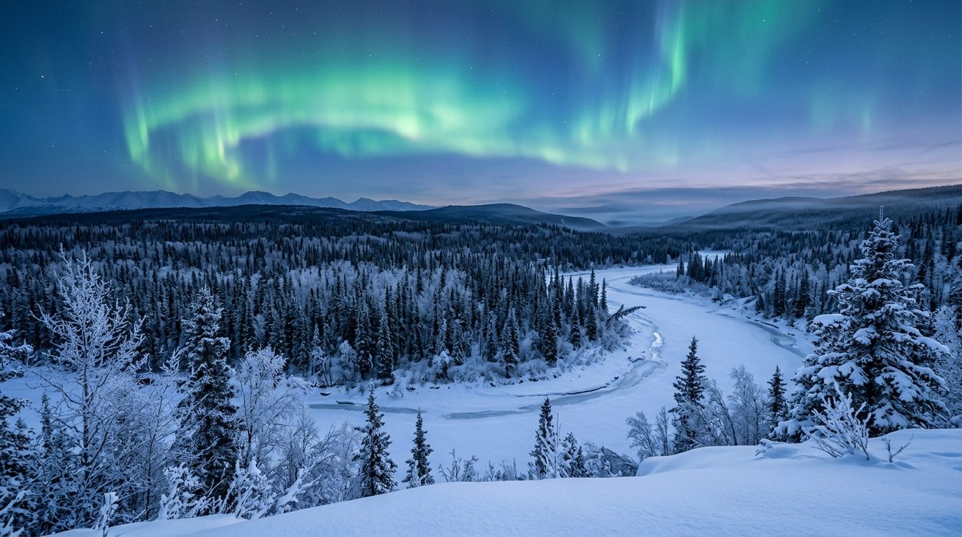 Fairbanks, AK — Landscape of the Tanana Valley near Fairbanks at dusk in winter, with the aurora borealis glowing over
