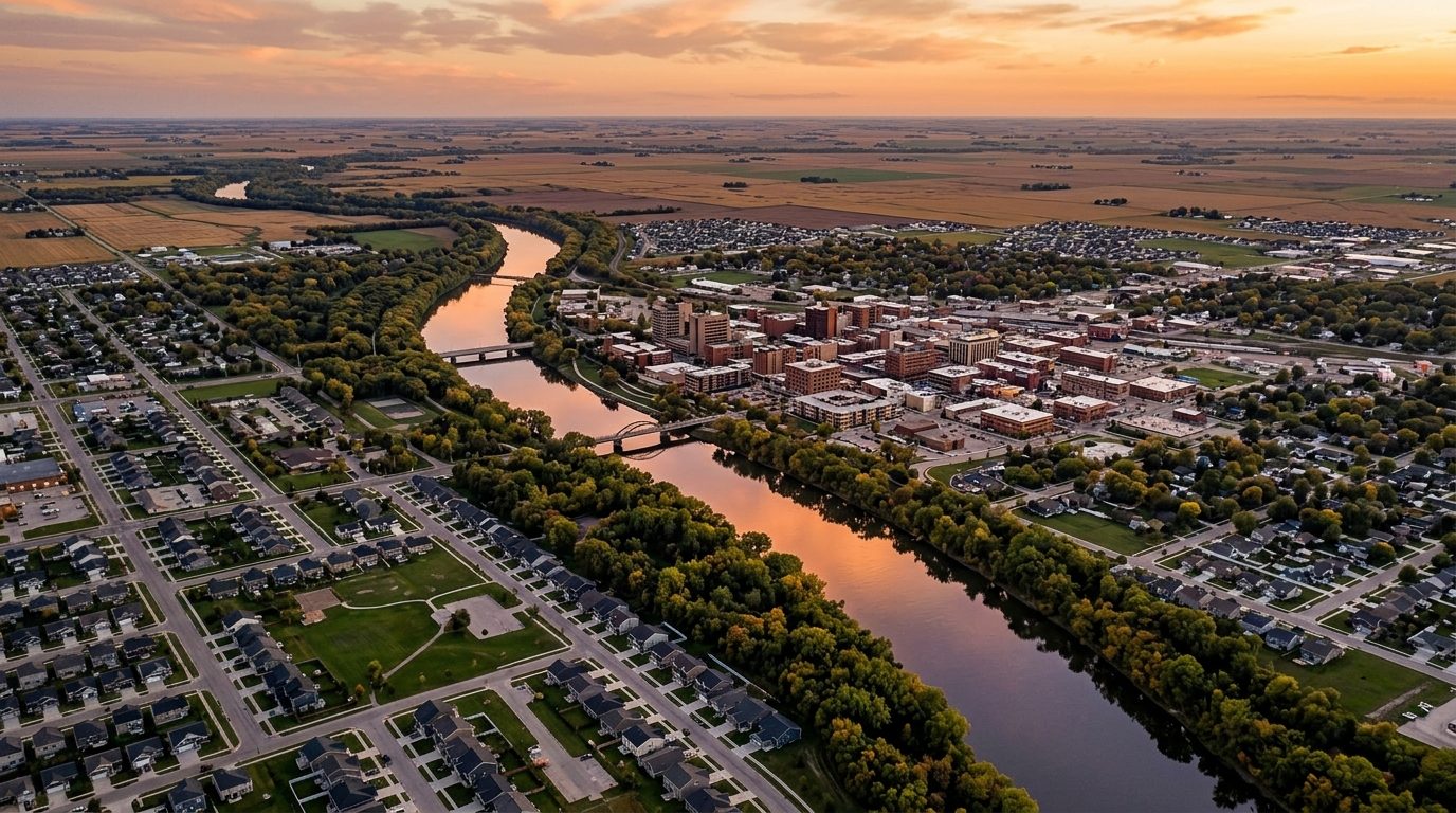 Fargo, ND — Flat Red River Valley at showing the Red River winding between tree-lined banks with the low-rise