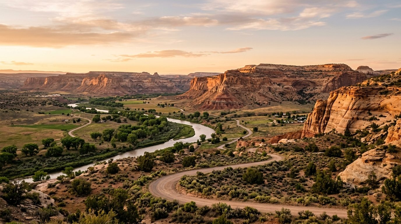 Farmington, NM — High-desert mesas and sandstone bluffs above the San Juan River valley near Farmington, New Mexico at with no