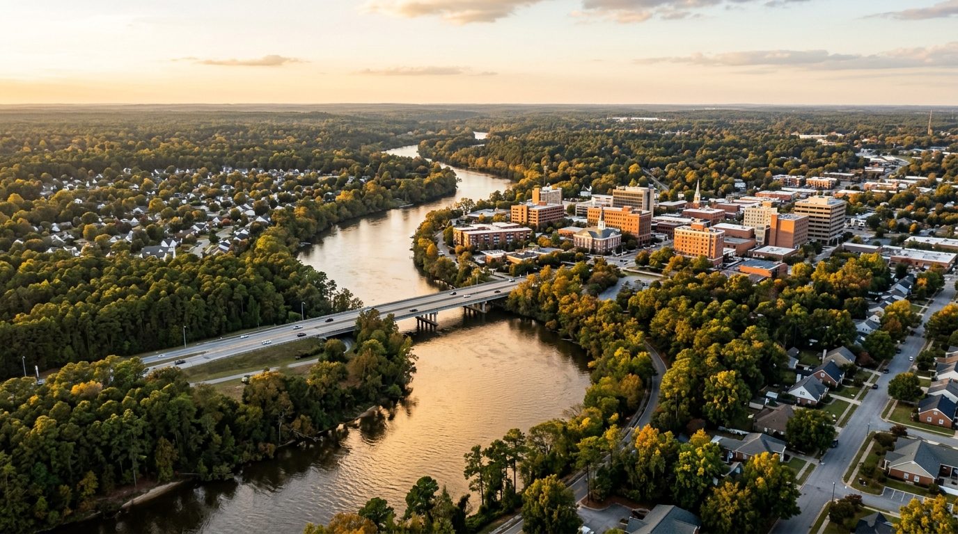 Fayetteville, NC — Scene of a Sandhills North Carolina riverside city at showing the Cape Fear River winding past a low downtown