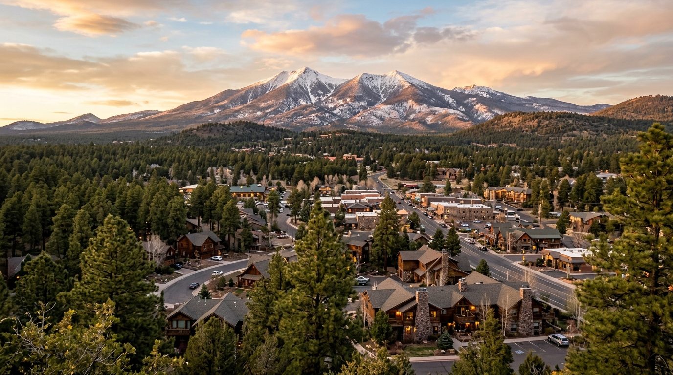 Flagstaff, AZ — Flagstaff, Arizona at showing a forested mountain town of stone and timber buildings beneath the snow-dusted