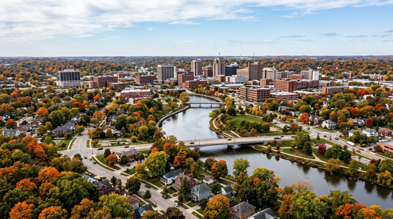 Flint, MI — Flint River winding through a southeast Michigan riverside city skyline framed by leafy residential