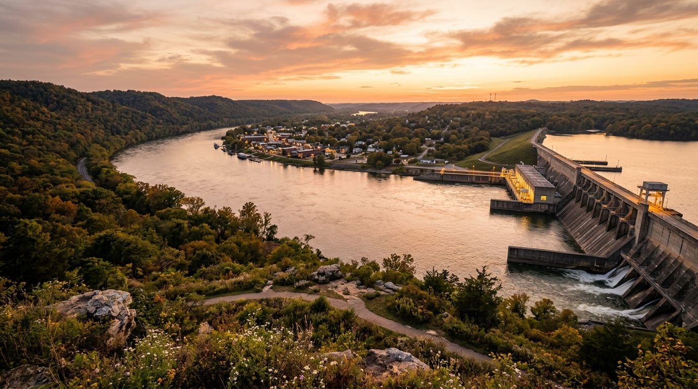 Florence, AL — Tennessee River and Wilson Dam at with wooded bluffs, rolling green hills, and a small riverside Alabama town