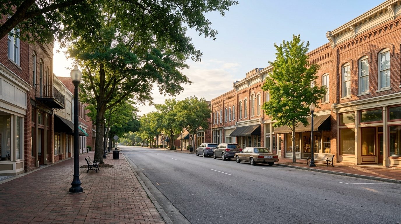 Florence, SC — Tree-lined historic Southern downtown street in Florence, South Carolina, with brick storefronts and warm