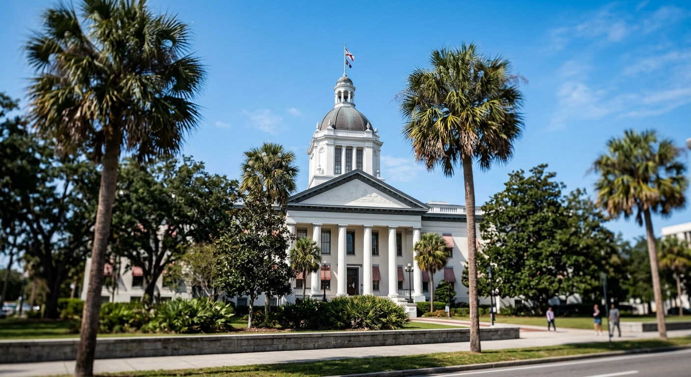 Exterior of a Florida government building with palm trees under a clear sky.