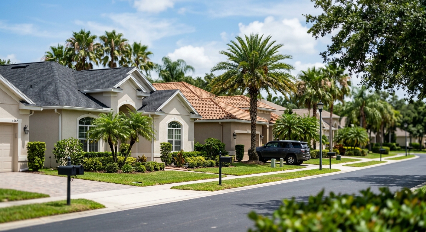 A row of Florida single-family homes lined with palm trees under midday sun.