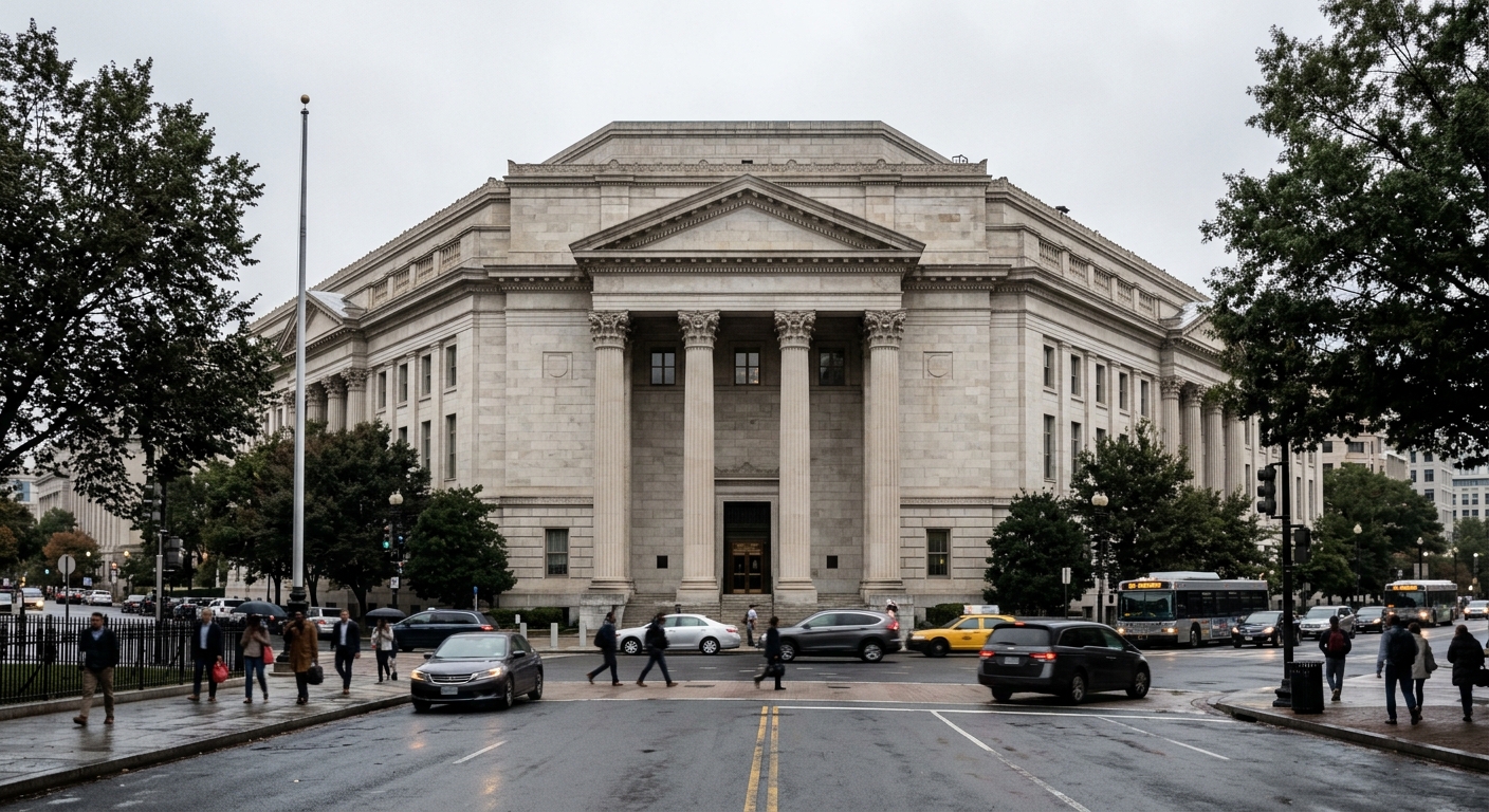 The stone facade of the Federal Reserve headquarters building in Washington under an overcast sky.