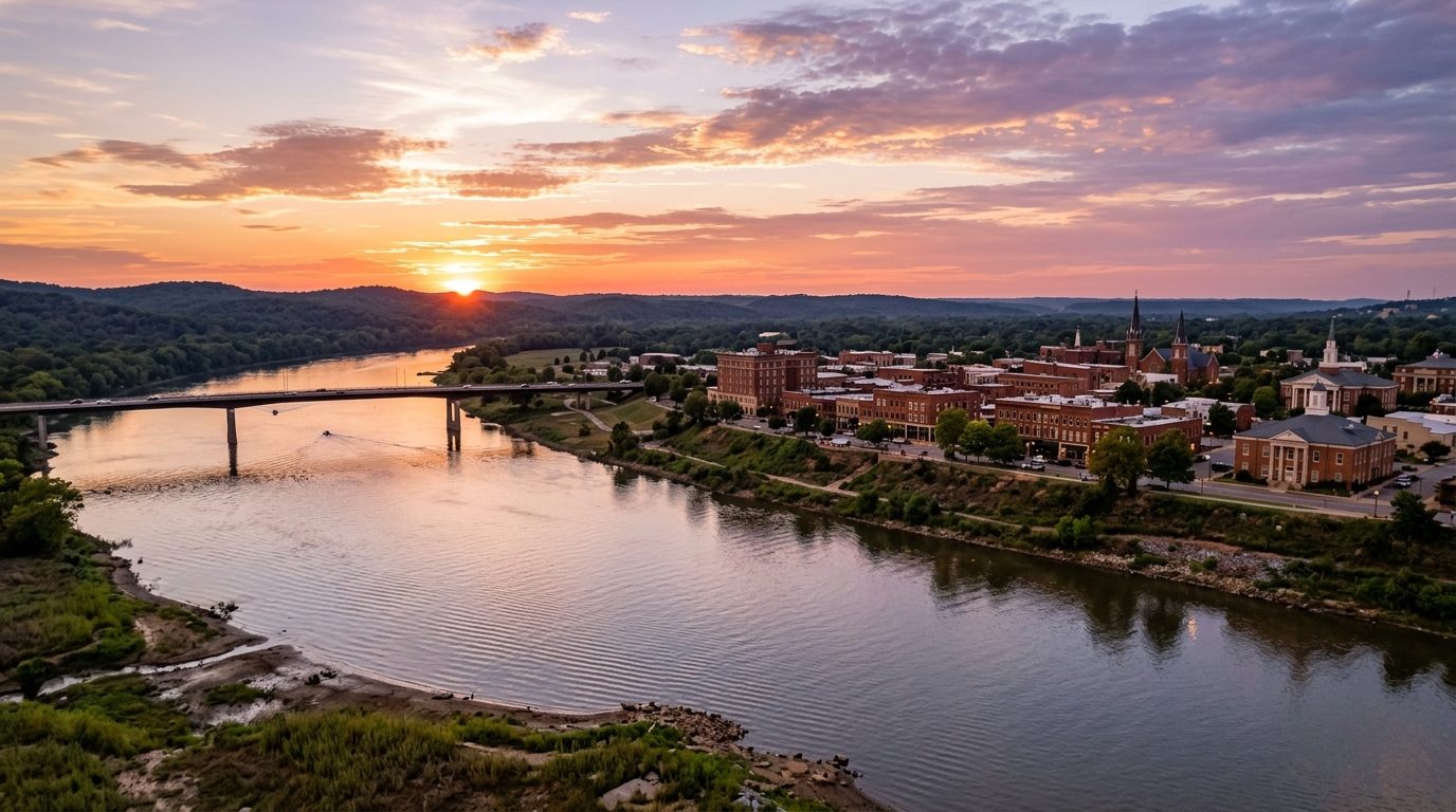 Fort Smith, AR — Arkansas River at Fort Smith at sunset, showing a historic brick downtown skyline along the bluff, a river
