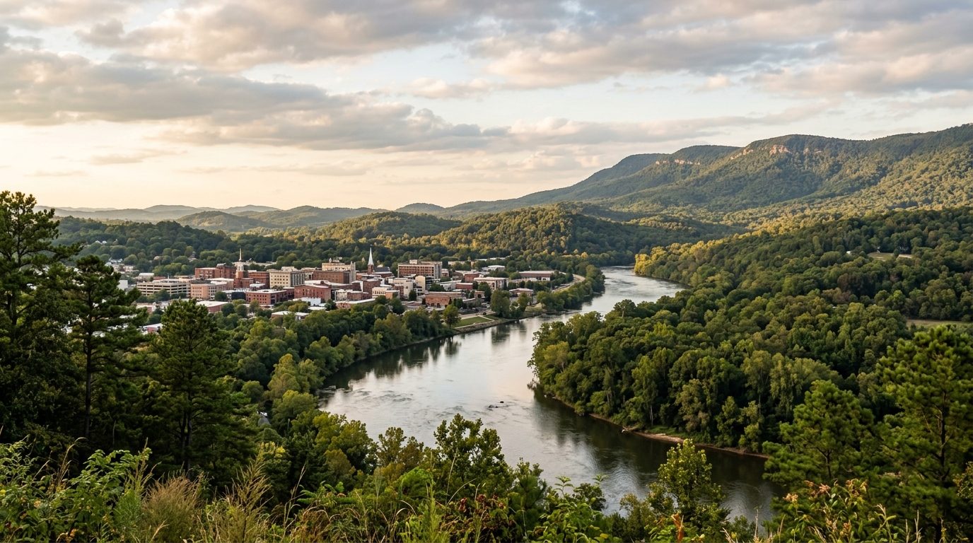 Gadsden, AL — Coosa River curving through wooded Appalachian foothills at Gadsden, Alabama, with a small historic downtown