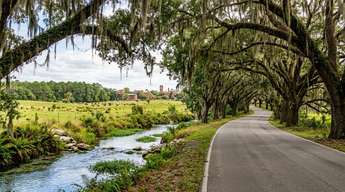 Gainesville, FL — Moss-draped live oak canopy road leading toward a small north-central Florida university town, with a