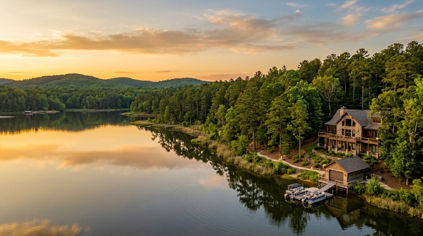 Gainesville, GA — Southern lake shoreline at with calm water bordered by pine forest and low rolling green hills