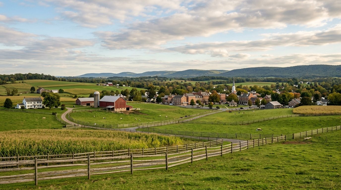 Gettysburg, PA — Rolling Pennsylvania farmland with split-rail fences, a historic small-town square, and low wooded ridgelines