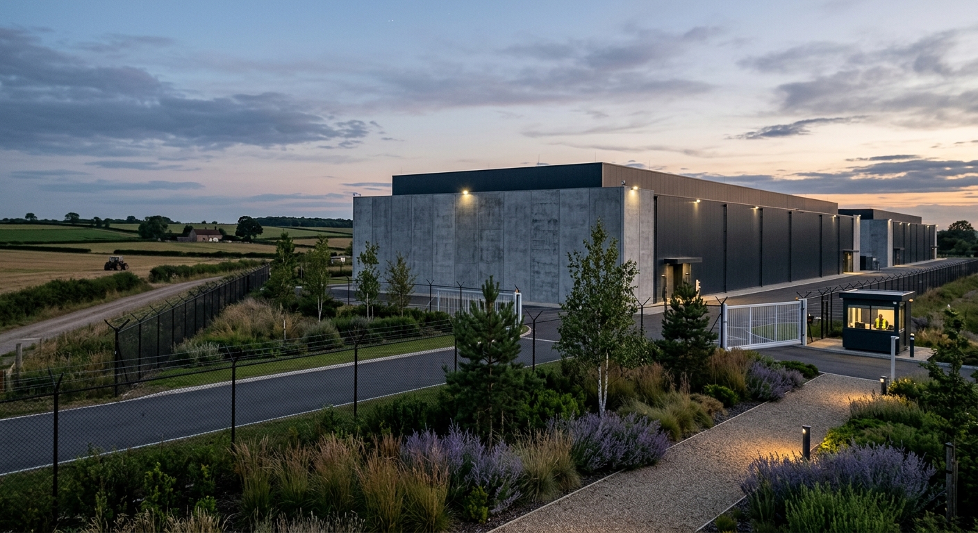 A large industrial data center building surrounded by security fencing sits near open agricultural land at dusk.