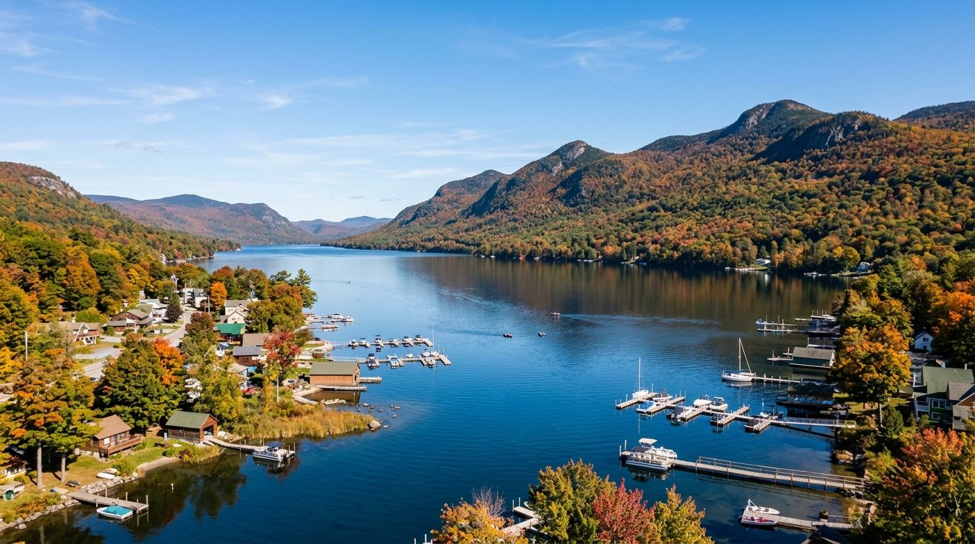 Glens Falls, NY — Lake George's shoreline with forested Adirondack peaks rising in the background, small marinas and lakeside