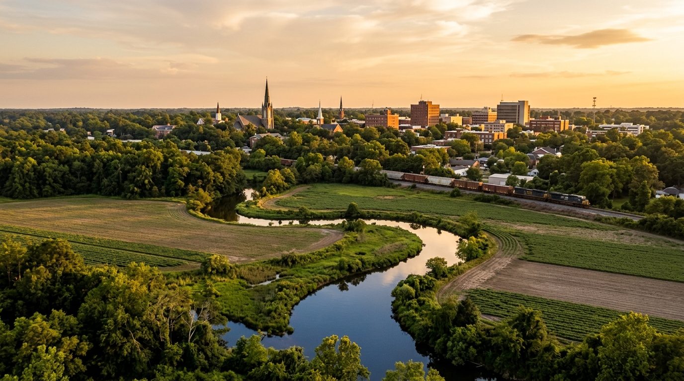 Goldsboro, NC — Flat eastern North Carolina coastal-plain landscape at showing a small tree-lined city skyline with a rail