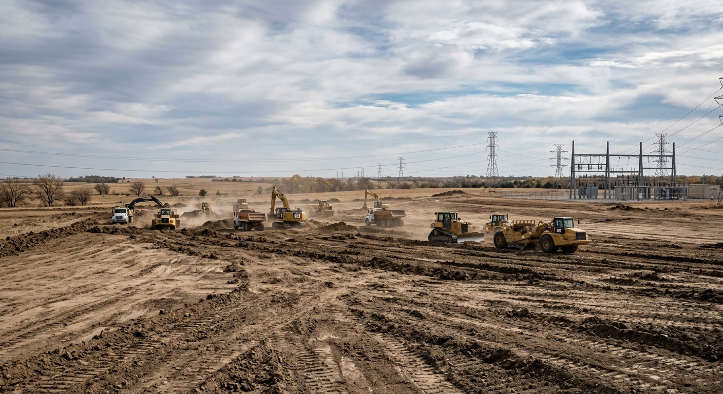 A large graded construction site with earthmoving equipment and transmission lines under an open sky.