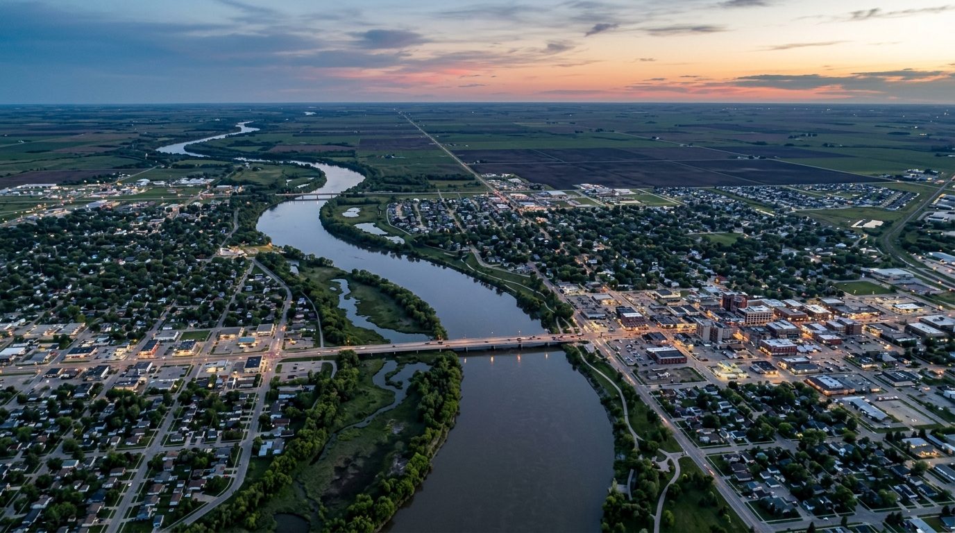 Grand Forks, ND — Aerial-style view of the flat Red River Valley at dusk, showing the Red River winding between the twin cities