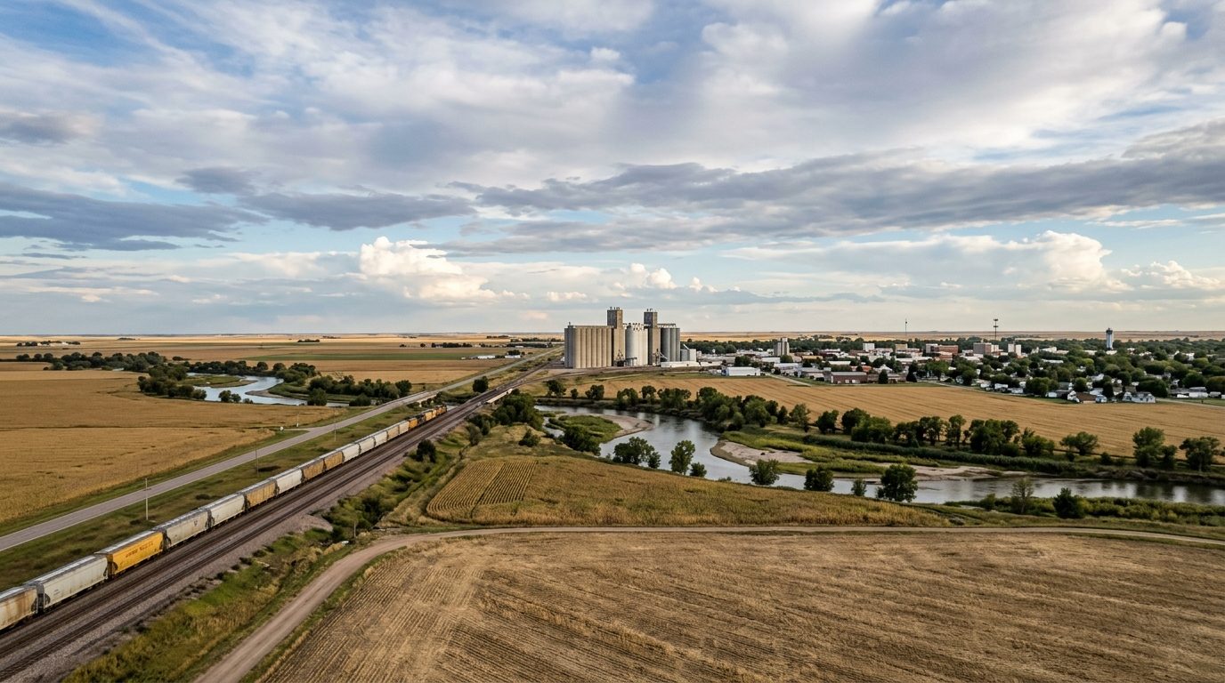 Grand Island, NE — Flat central Nebraska prairie farmland along the Platte River valley with grain elevators, rail lines, and a