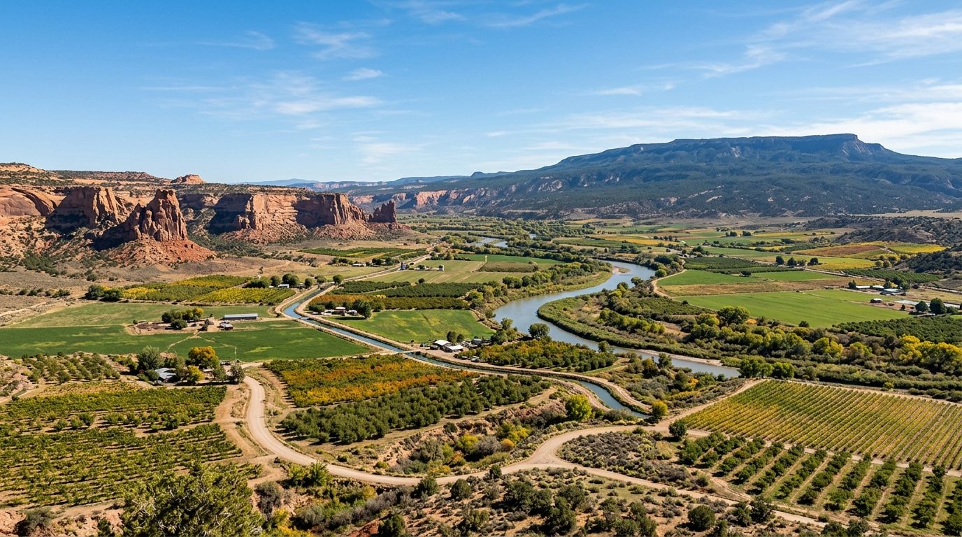 Grand Junction, CO — Grand Valley near Grand Junction, Colorado, showing the Colorado River winding past orchards and vineyards