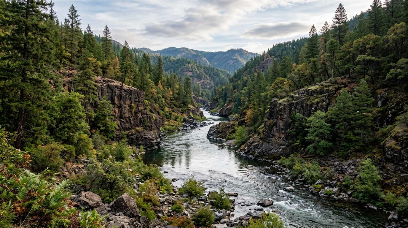 Grants Pass, OR — Rogue River flowing through a forested basalt canyon in southern Oregon, soft morning light, with no text or