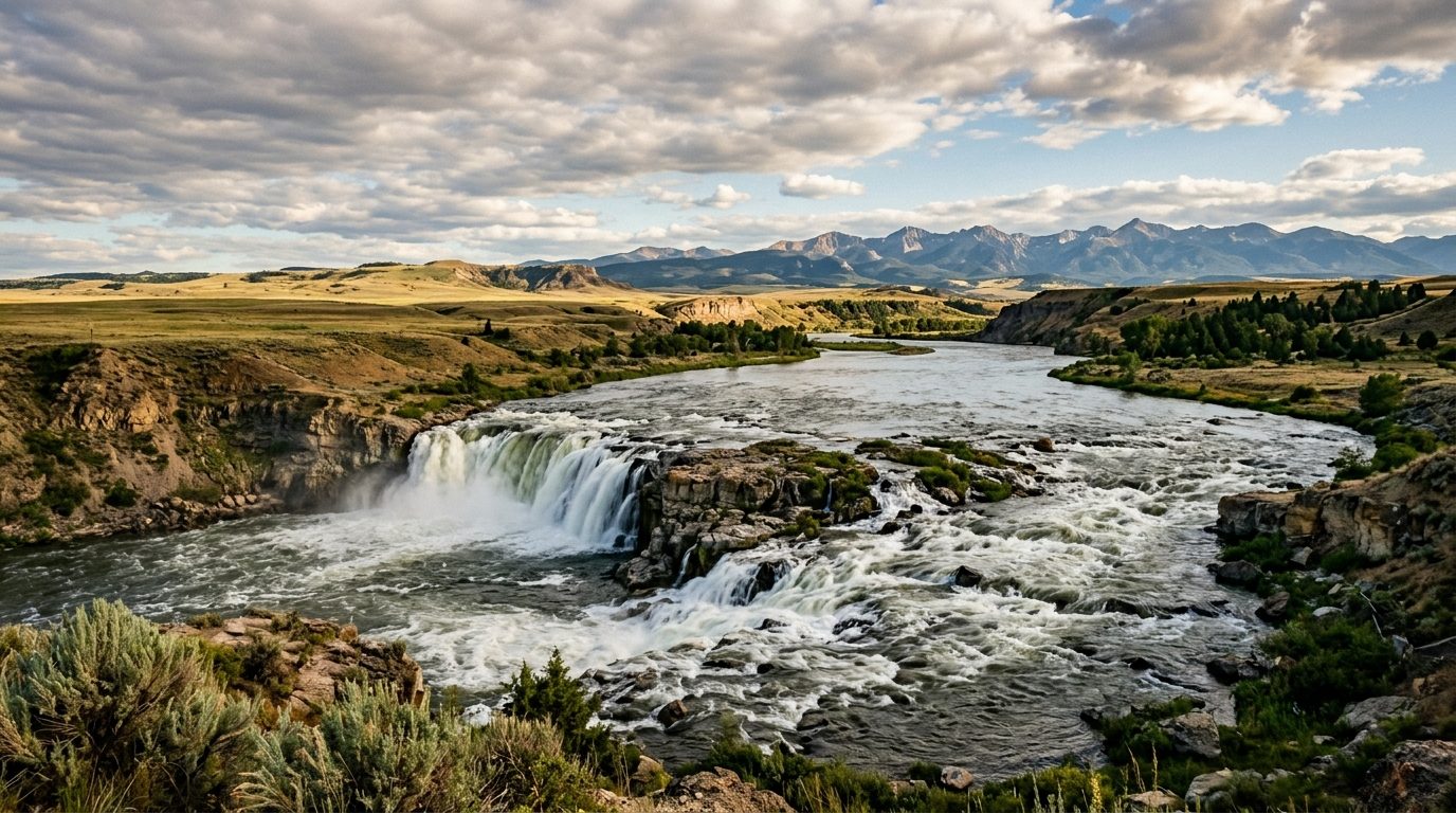 Great Falls, MT — Missouri River falls and rapids near Great Falls, Montana with the high plains meeting distant mountains,