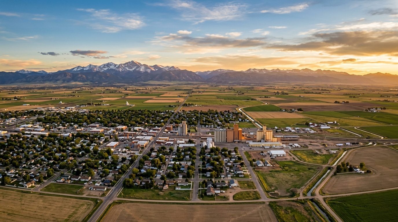 Greeley, CO — Northern Colorado high plains at showing a small city grid of rooftops and grain elevators giving way to