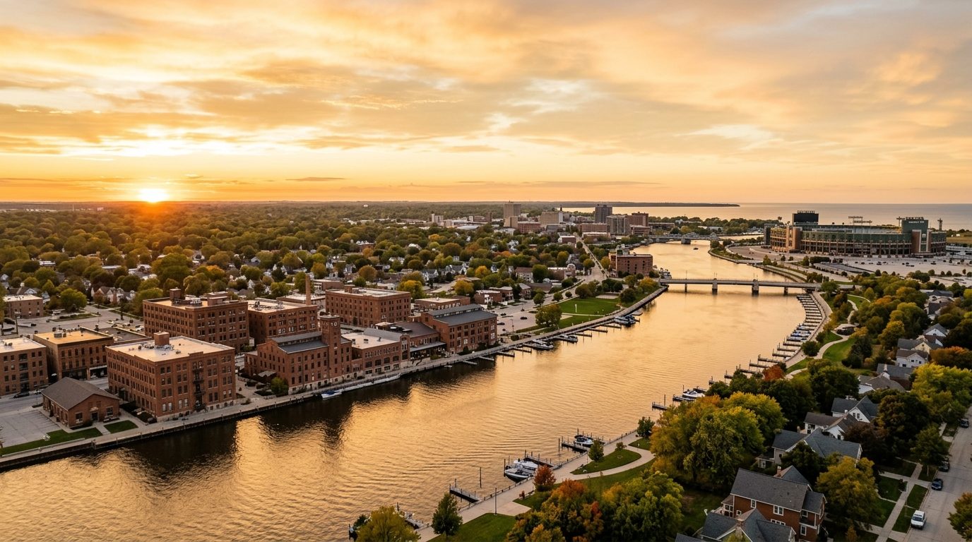 Green Bay, WI — Green Bay waterfront at with the Fox River winding past historic brick riverside buildings and tree-lined