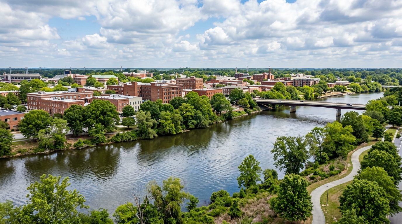 Greenville, NC — Tar River curving past downtown Greenville, North Carolina, lined with brick riverside buildings, mature