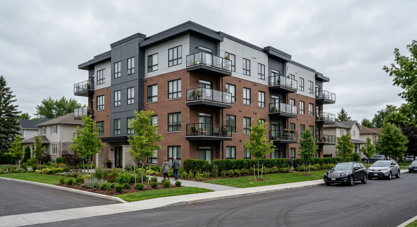 A newly completed four-story suburban apartment building with balconies and young landscaping along a quiet street.