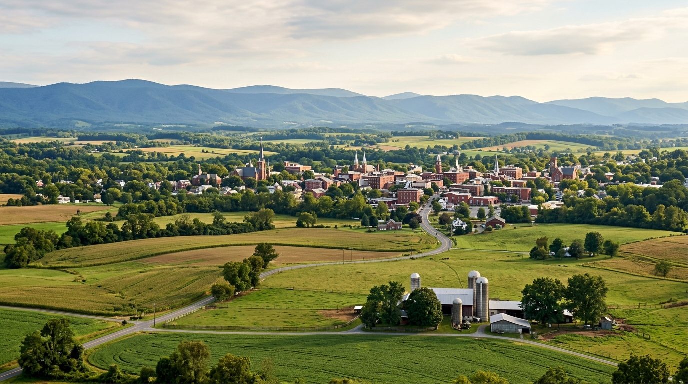 Hagerstown, MD — Cumberland Valley near Hagerstown, Maryland, with rolling farmland, a small-town Main Street skyline, and