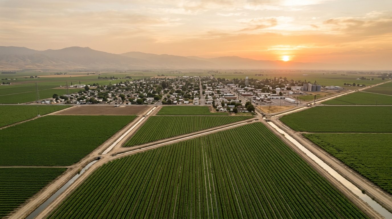 Hanford, CA — Flat San Joaquin Valley farmland with irrigated crop rows stretching toward a small grid-patterned Central