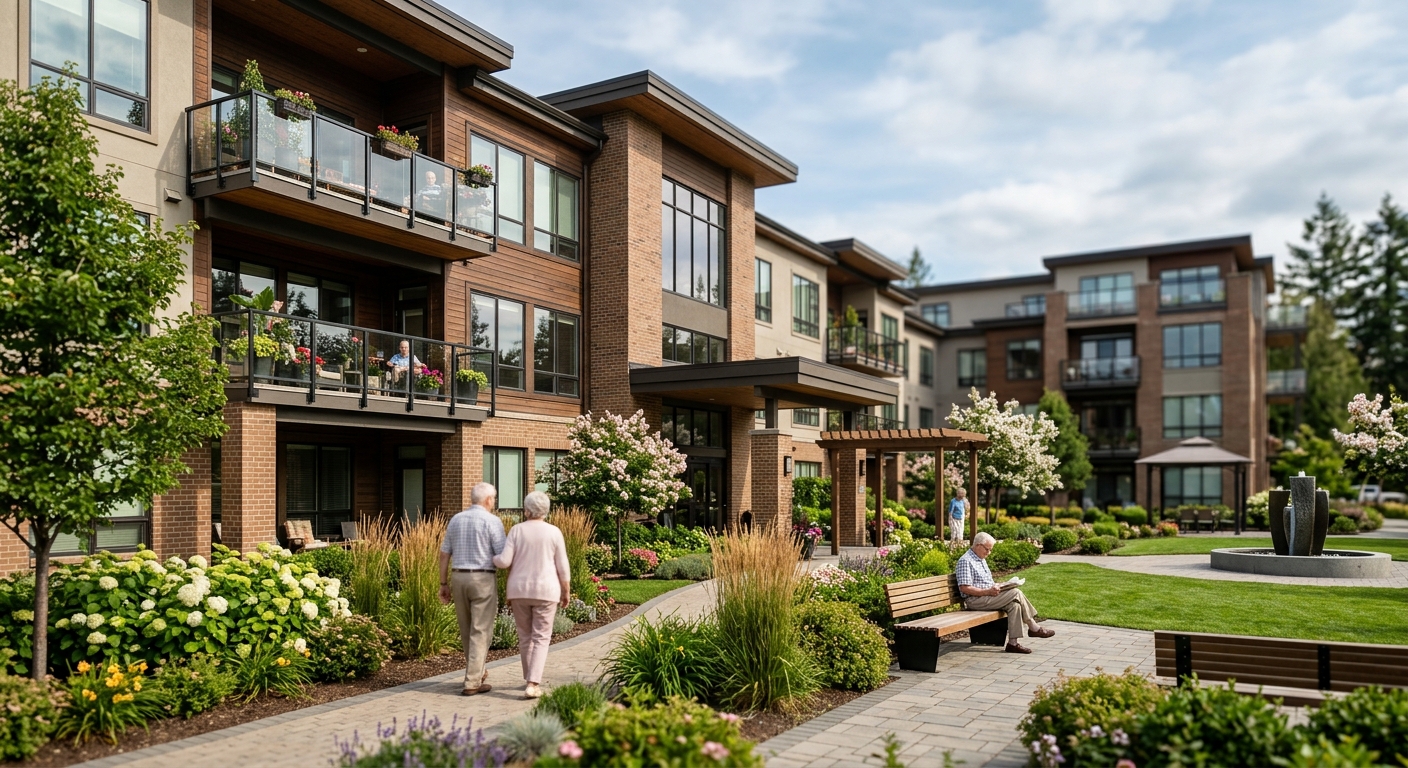 Exterior of a modern senior living community with landscaped grounds in daylight