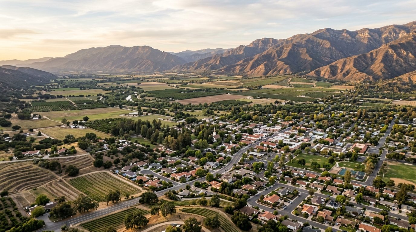 Harrisonburg, VA — Broad valley showing farmland and small-town rooftops spread beneath layered mountain ridgelines in soft