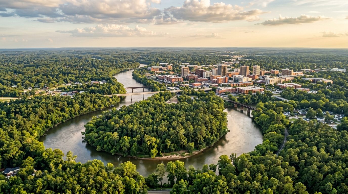 Hattiesburg, MS — Small southern city skyline rising above dense longleaf pine forest along a winding, tree-lined river under a