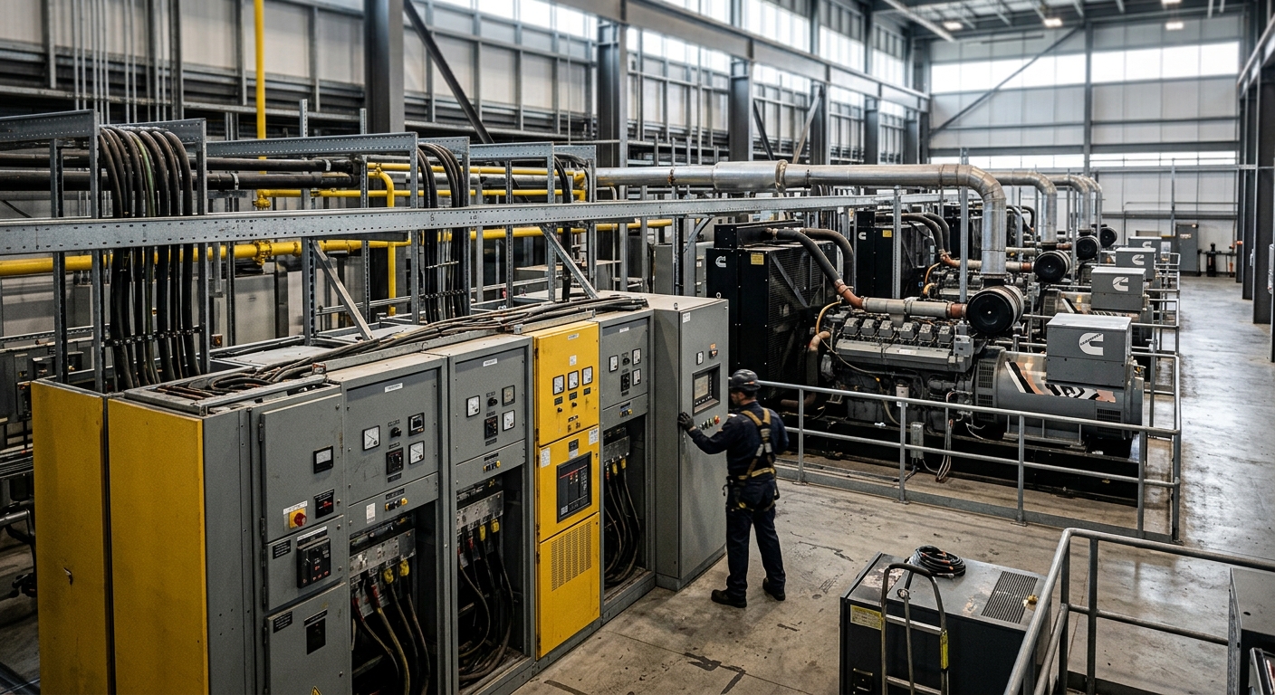 Industrial power generator equipment inside a large data center power facility.