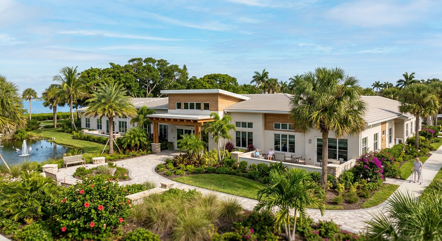 Exterior of a senior living community building with landscaped grounds in Florida.
