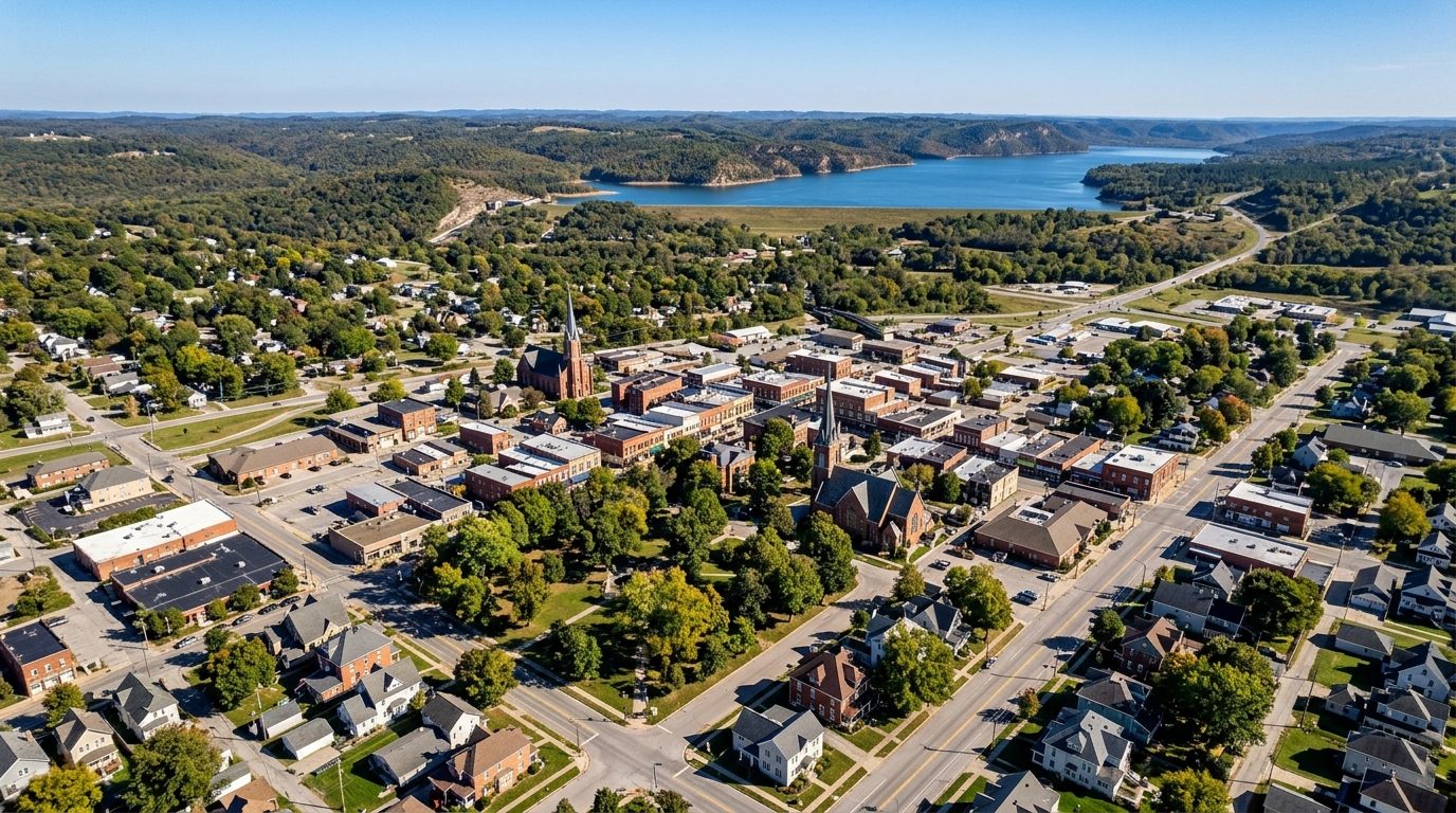 Hickory, NC — Small foothills city with a downtown core and church steeples set against rolling wooded hills and a wide