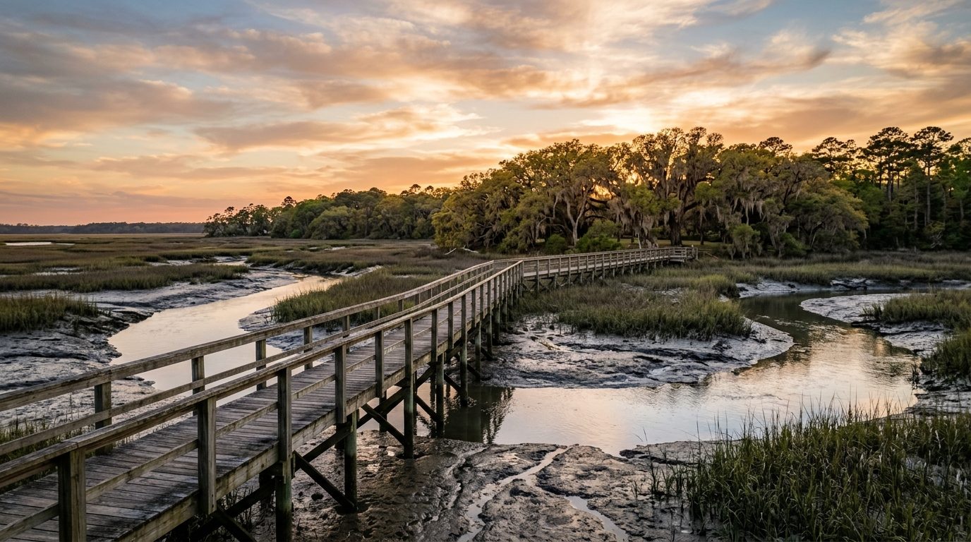 Hilton Head Island, SC — Lowcountry salt marsh at low tide with a weathered wooden dock reaching toward moss-draped live oaks under a