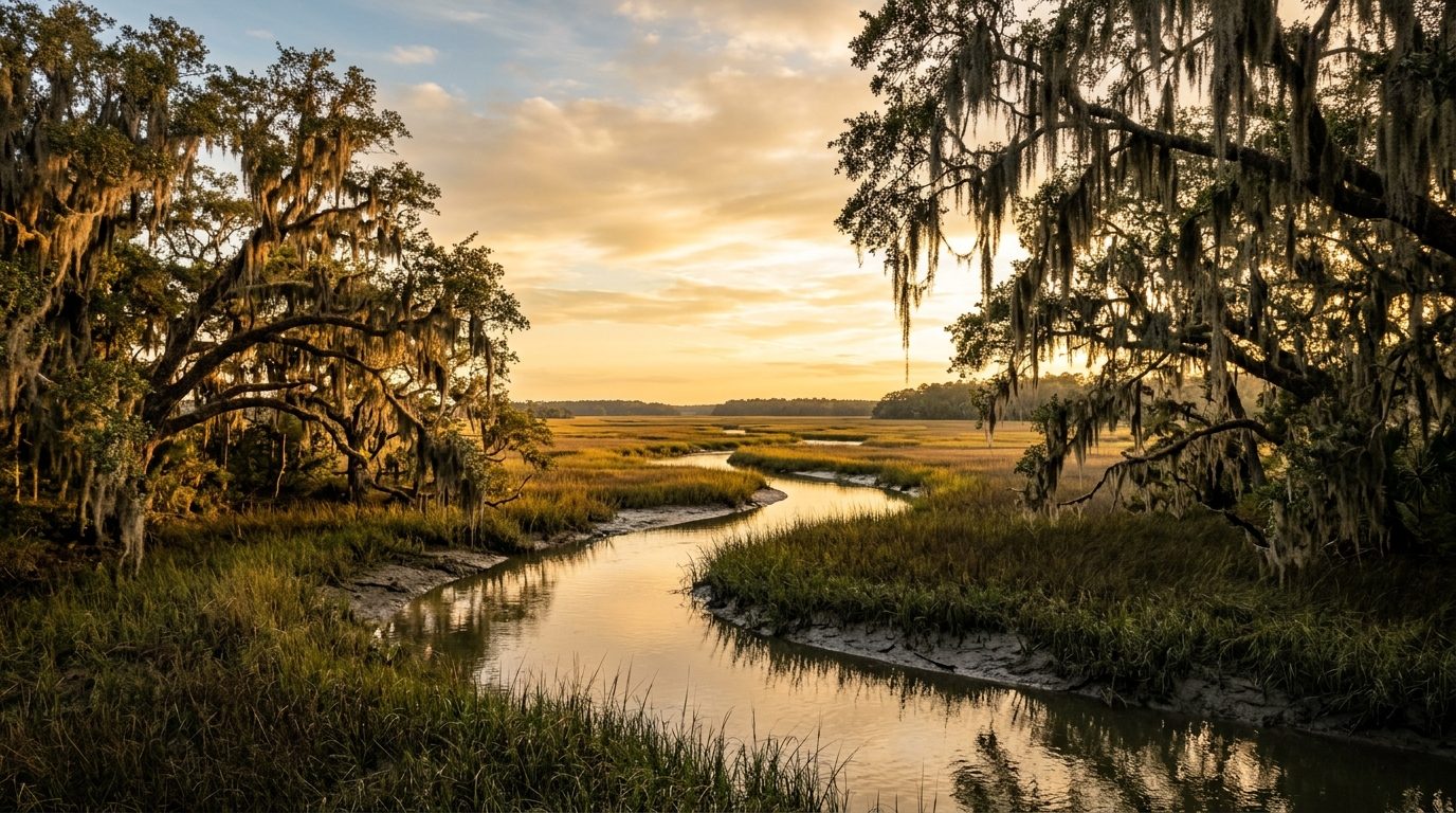 Hinesville, GA — Spanish-moss-draped live oaks along a Georgia tidal salt marsh at winding creek and open sky, with no text or