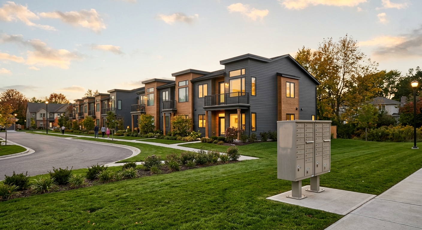 Row of suburban townhomes in a homeowners association community at dusk.