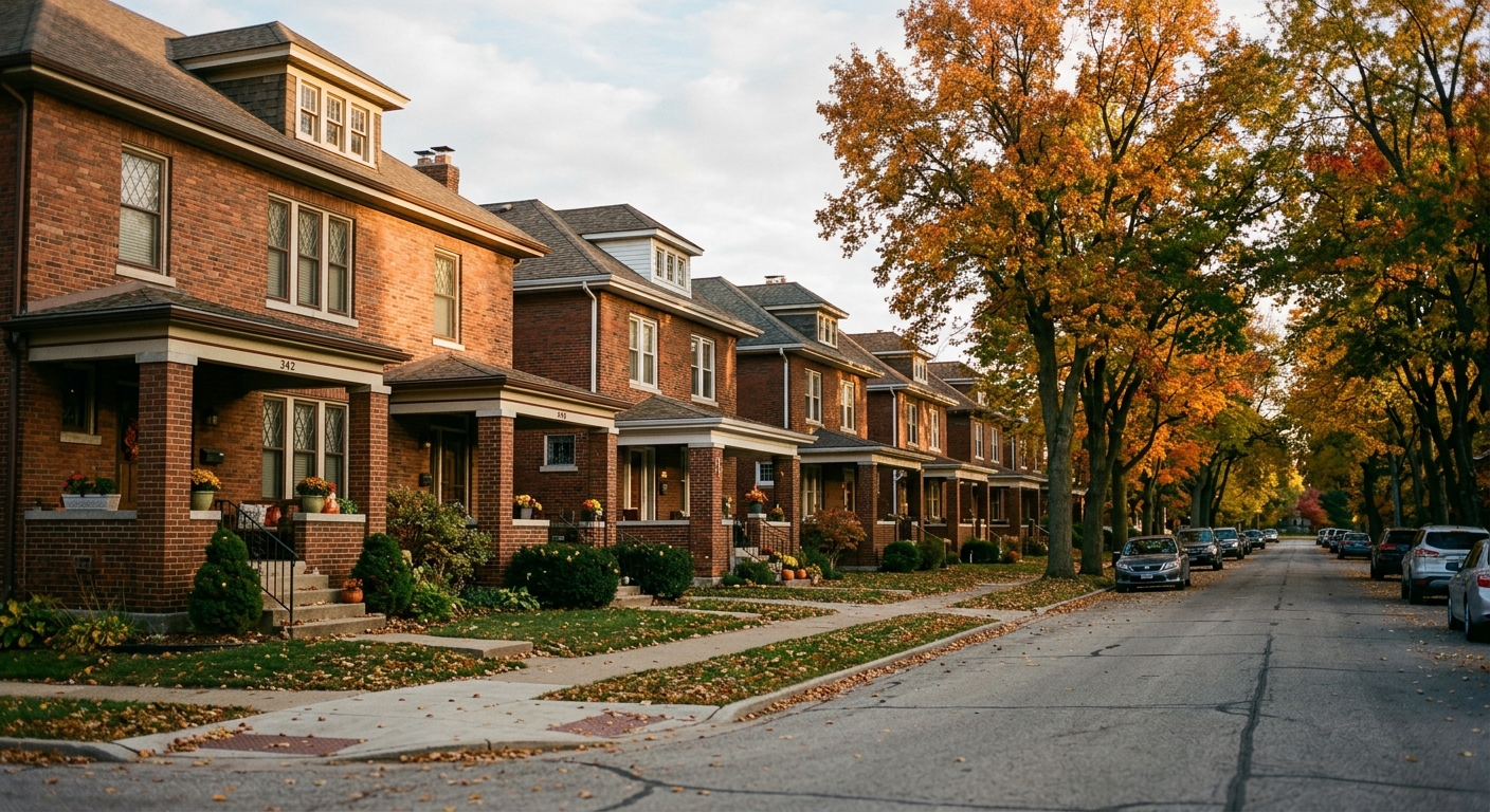 A tree-lined residential street of brick two-story houses in a Midwestern neighborhood in afternoon light.