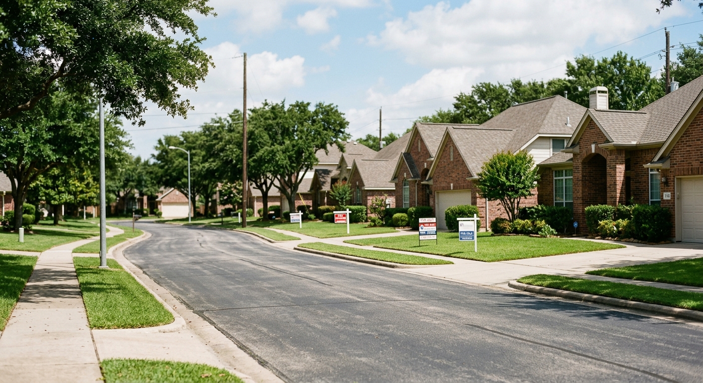 A suburban residential street lined with single-family homes under bright daylight.