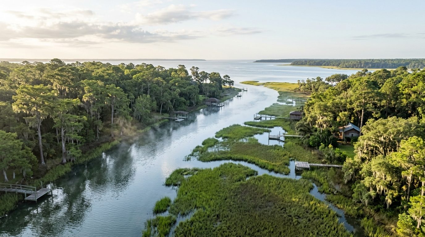Homosassa Springs, FL — Landscape at soft morning light over a clear spring-fed river winding through cypress and oak trees toward a