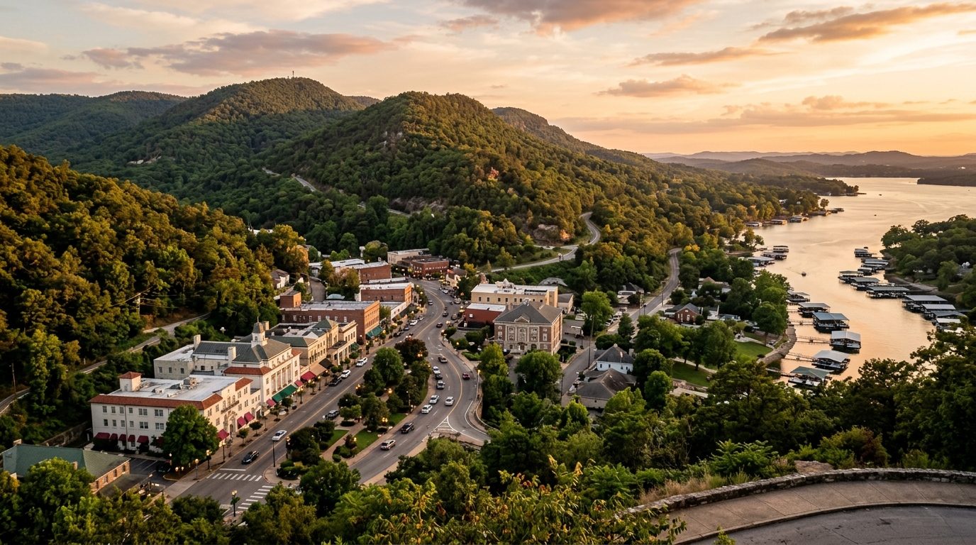 Hot Springs, AR — Hot Springs, Arkansas at showing forested Ouachita Mountain ridgelines rising behind the historic