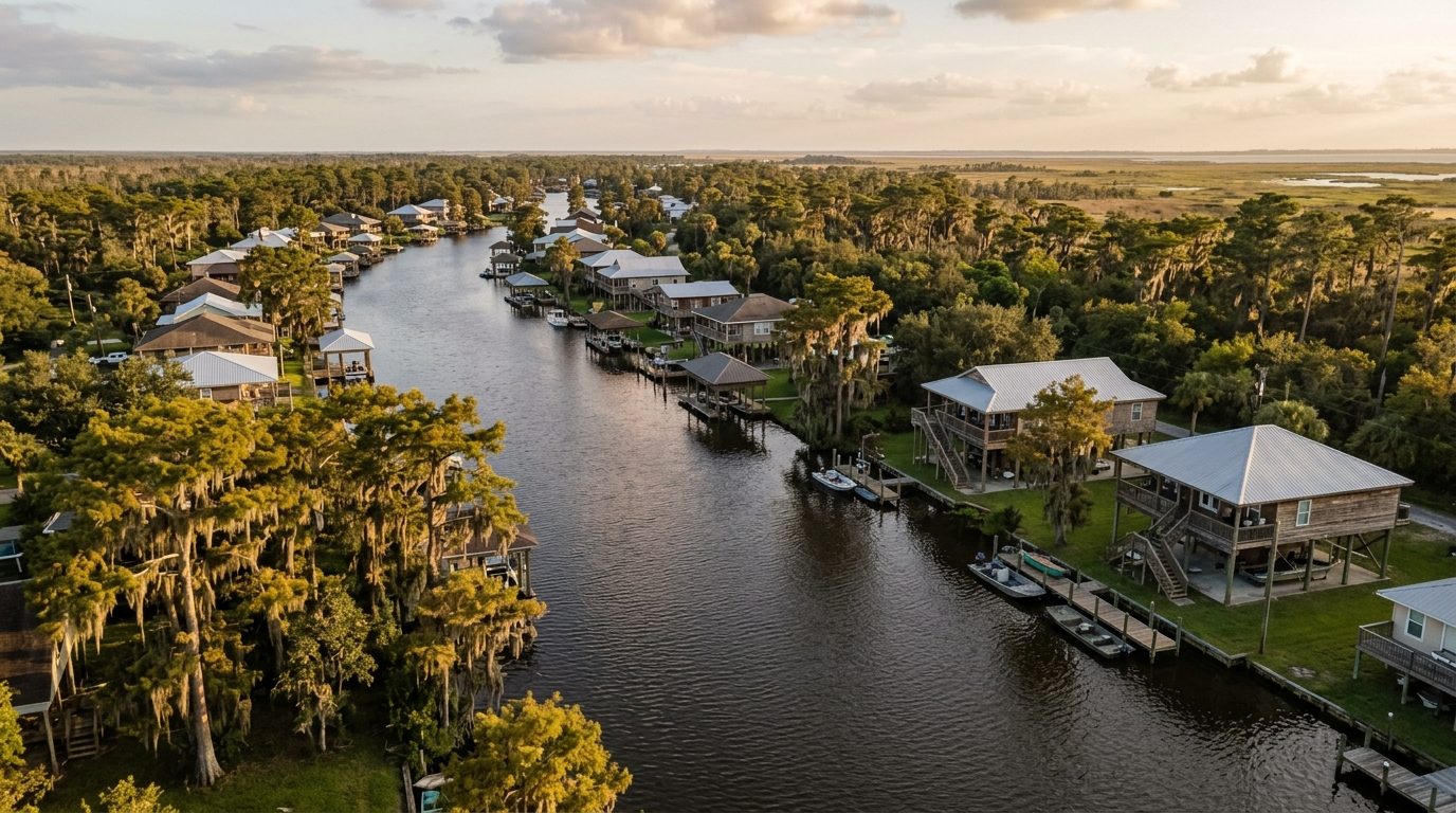 Houma, LA — Aerial-style view of a Louisiana bayou lined with elevated homes and cypress trees near Houma, Louisiana,