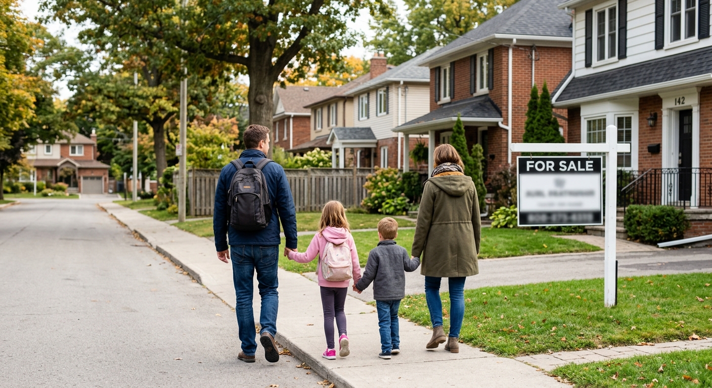 A family walking past suburban homes with a for-sale sign in a residential neighborhood.