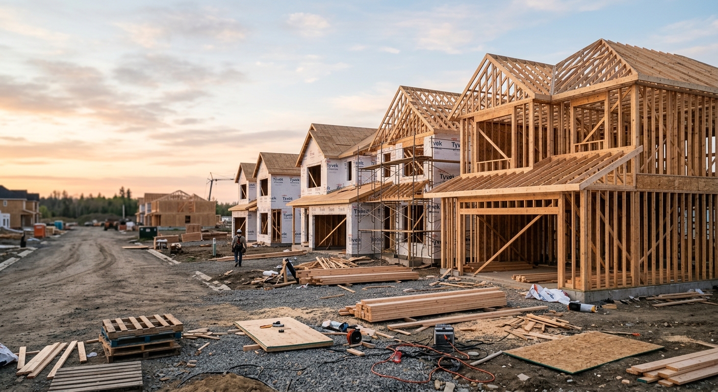 Newly framed single-family homes under construction in a suburban development at dawn.